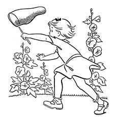 Fille attraper des papillons sur des feuilles de coloriage d'été