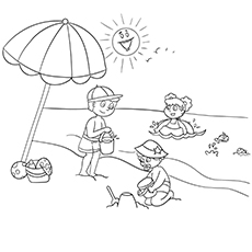 Enfants jouant sur la plage pendant la saison ensoleillée Coloriage