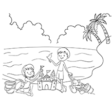 Feuille de coloriage d'été des enfants profitant de la plage 