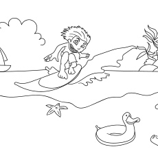 Surf sur la plage dans les feuilles d'été coloriage gratuit