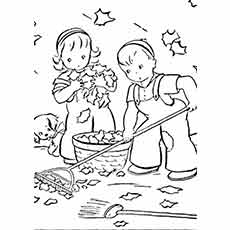 Les 35 meilleures pages à colorier d'automne que votre enfant adorera colorier 48 Un garçon, une fille et un chien nettoyant les feuilles d'automne à colorier