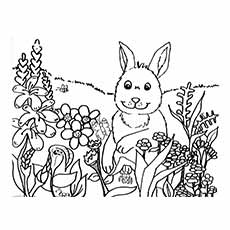 Lapin s'amusant avec des fleurs de printemps à colorier