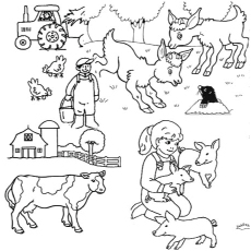 Coloriage d'une famille travaillant sur leur ferme
