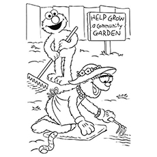 Elmo et Mae nettoient le jardin à colorier