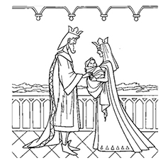 Le roi Stefan et la reine Léa avec la Belle au bois dormant sur le coloriage