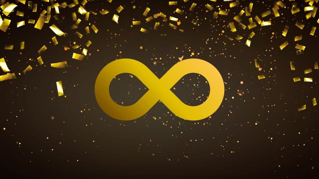 symbole de l'infini or sur fond noir avec des confetticonfetti or