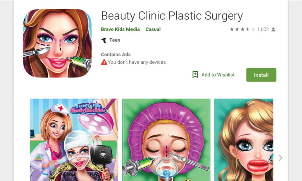 Jeu de chirurgie esthétique pour les enfants sur un bloc de coupe parental