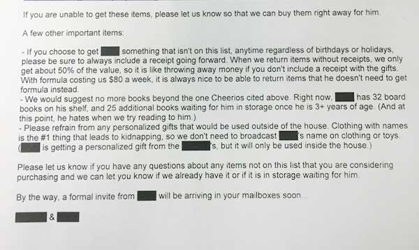 Les parents envoient une invitation exigeante à la fête d'anniversaire de bébé 7 Les parents envoient une invitation exigeante à la fête d'anniversaire de bébé