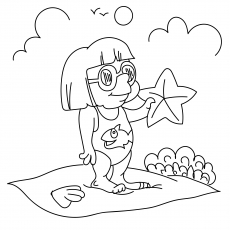 Ein Mädchen am Strand mit Seesternen